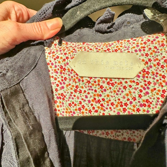 On This Note Noa Noa Linen Dress XS Navy Blue Ruffles & Lace Victoria Collar - Picture 10 of 11